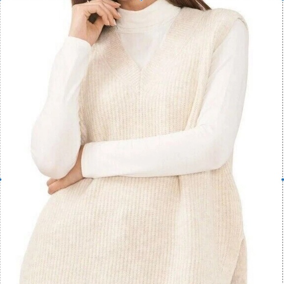 NWT Vince Camuto Women's Oversized Large V-Neck Fuzzy Knit Cozy Creme Vest - Picture 1 of 8
